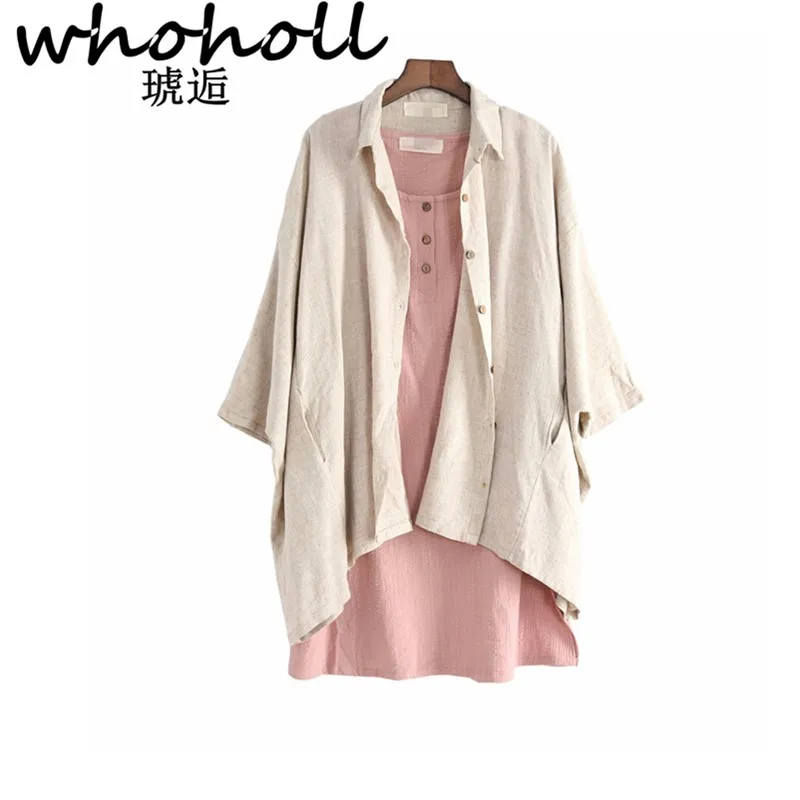 

WHOHOLL Women Long Batwing Sleeve Linen Shirts Autum Solid Color Blouses V Neck Casual Loose Women Linen Shirts Tops