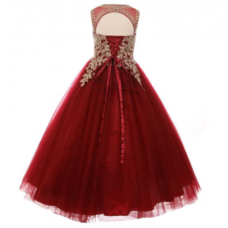 Бургундское пышное платье для маленьких девочек с золотой аппликацией; Детские бальные платья для детей; нарядные вечерние платья для выпускного бала для девочек; vestido menina