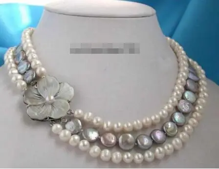 

Hot sale new Style >>>>>3 Rows Real White Pearl Gray Button Coin Pearl Shell Flower Clasp Necklace