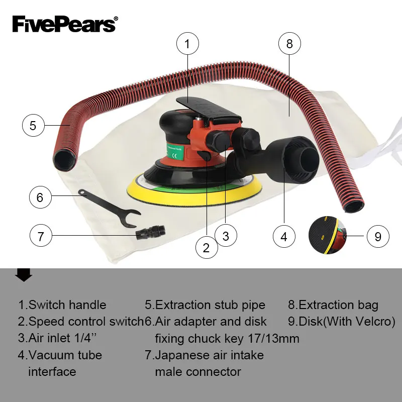 FIVEPEARS Wholesale Free shipping 6 Inches air Sander with Vacuum 150mm Pneumatic Sander 6