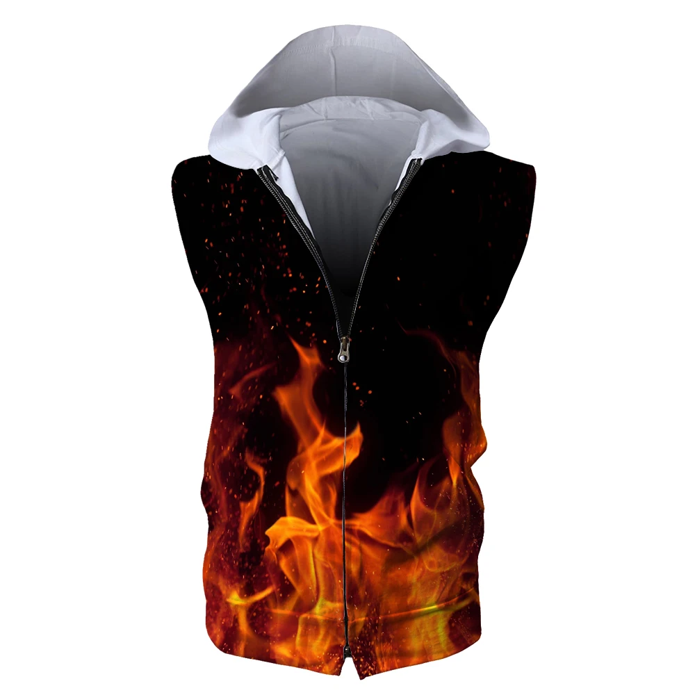 

3D printing Sleeveless Tank Tops zipper Hoodies Sweatshirts Men summer Thin Male fire powdeBodybuilding Hoodies Fitness Clothes