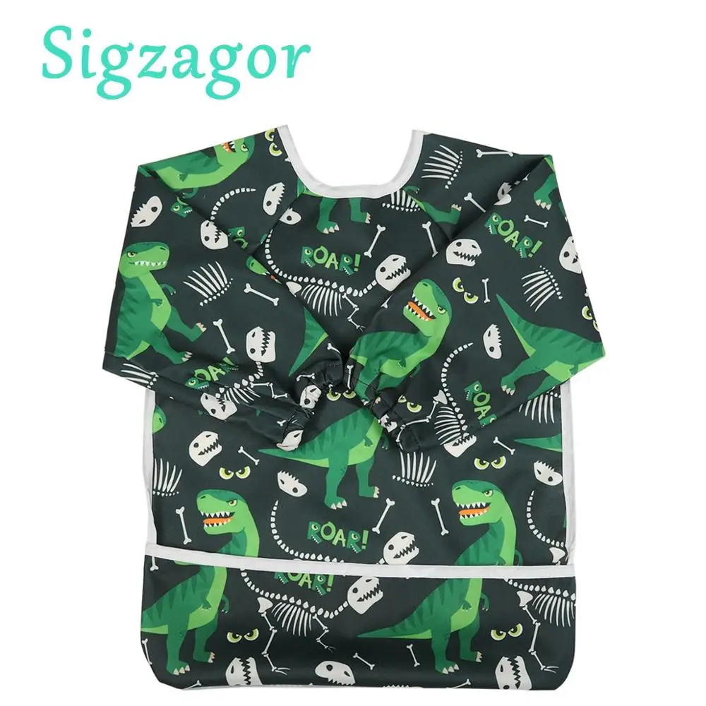 Baby Kids Bib Feeding Waterproof Long Sleeve Short Shirt Toddler Painting Pocket