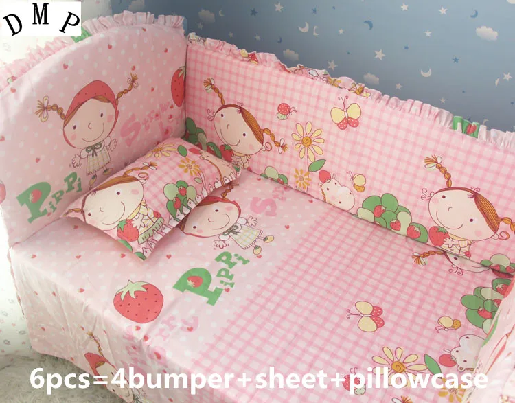 

Promotion! 6pcs Strawberry Girl Baby Crib Bedding Set cotton bed around the cotton baby bed around (bumpers+sheet+pillow cover)