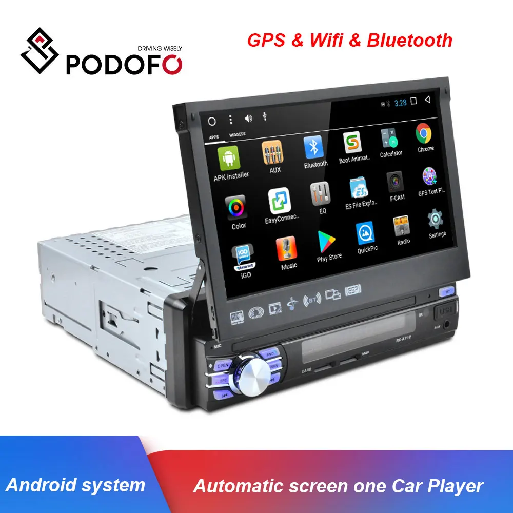 Podofo 1 Din Android 7.1 Car Multimedia Player GPS Car Radio Wifi Auto Retractable Screen Audio Ste