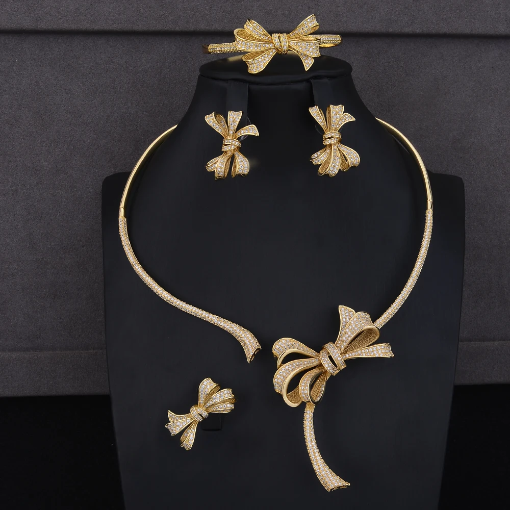 

SISCATHY New Hot Charms bow-knot Necklace Earrings Bangle Ring Jewelry Sets For Women Dubai Bridal Wedding jewelry Sets Making