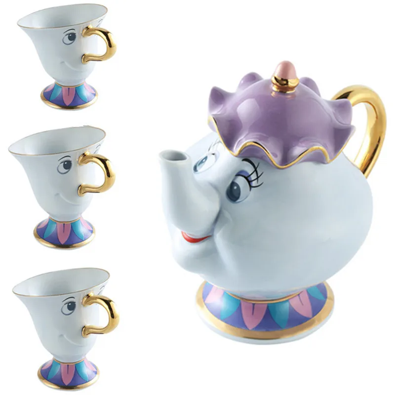 

1 POT + 3 CUPS Cartoon Beauty And The Beast Coffee Pot Cup Mug Mrs Potts Chip Kettle Mark Porcelain 18K Gold-plated Ceramic Gift