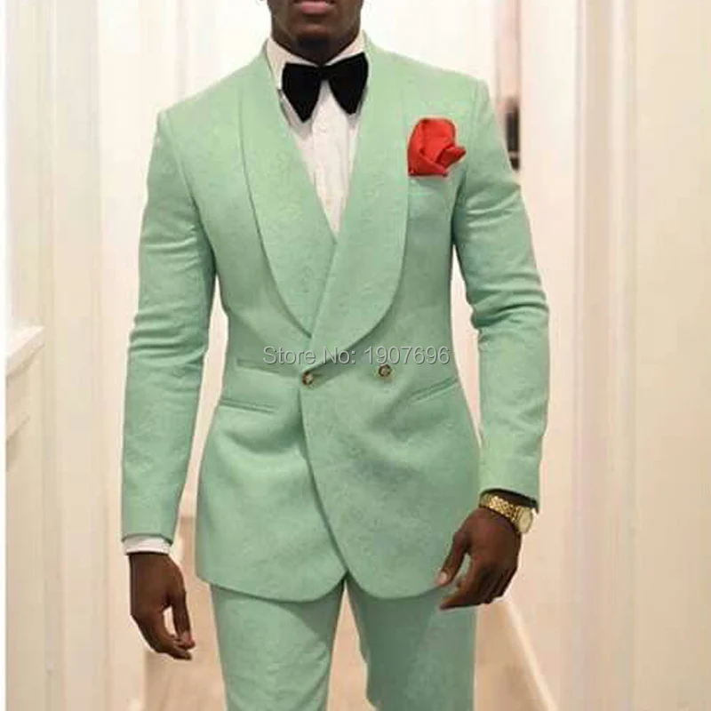 Mint Green Men Groom Tuxedos for Wedding Suit 2018 Shawl Lapel Two Piece Jacket Pants Formal Man Blazer Latest Style
