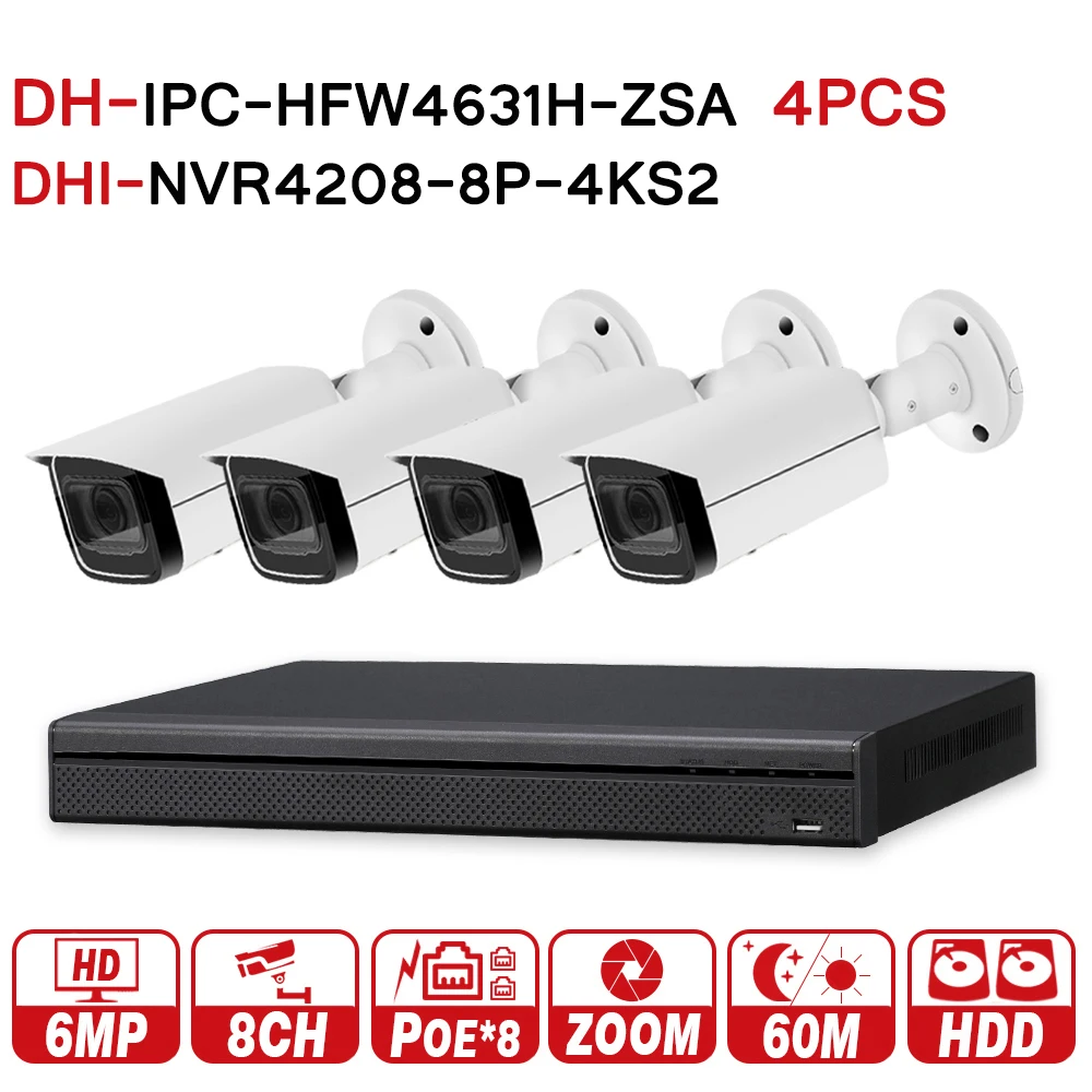 DH видеонаблюдения Системы 6MP зум IP Камера IPC-HFW4631H-ZSA и 8POE 4 K NVR NVR4208-8P-4KS2 наблюдения P2P безопасности Системы