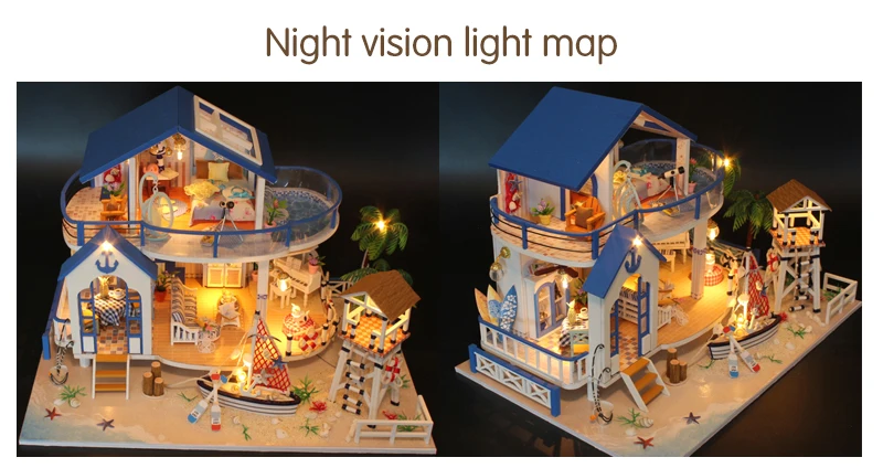 DIY LED Dollhouse Sea Miniature Villa With Furniture Wooden House Room Model Kit Gifts 3D Toys For Children Kids Doll House