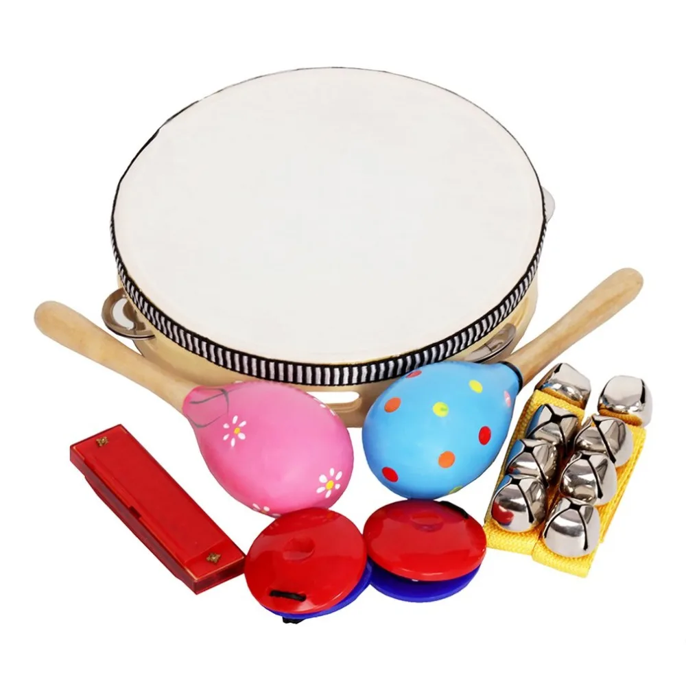 8PCS Orff Musical Toys Orff Instruments Sets Band Rhythm Kit Including Tambourine Sand hammer