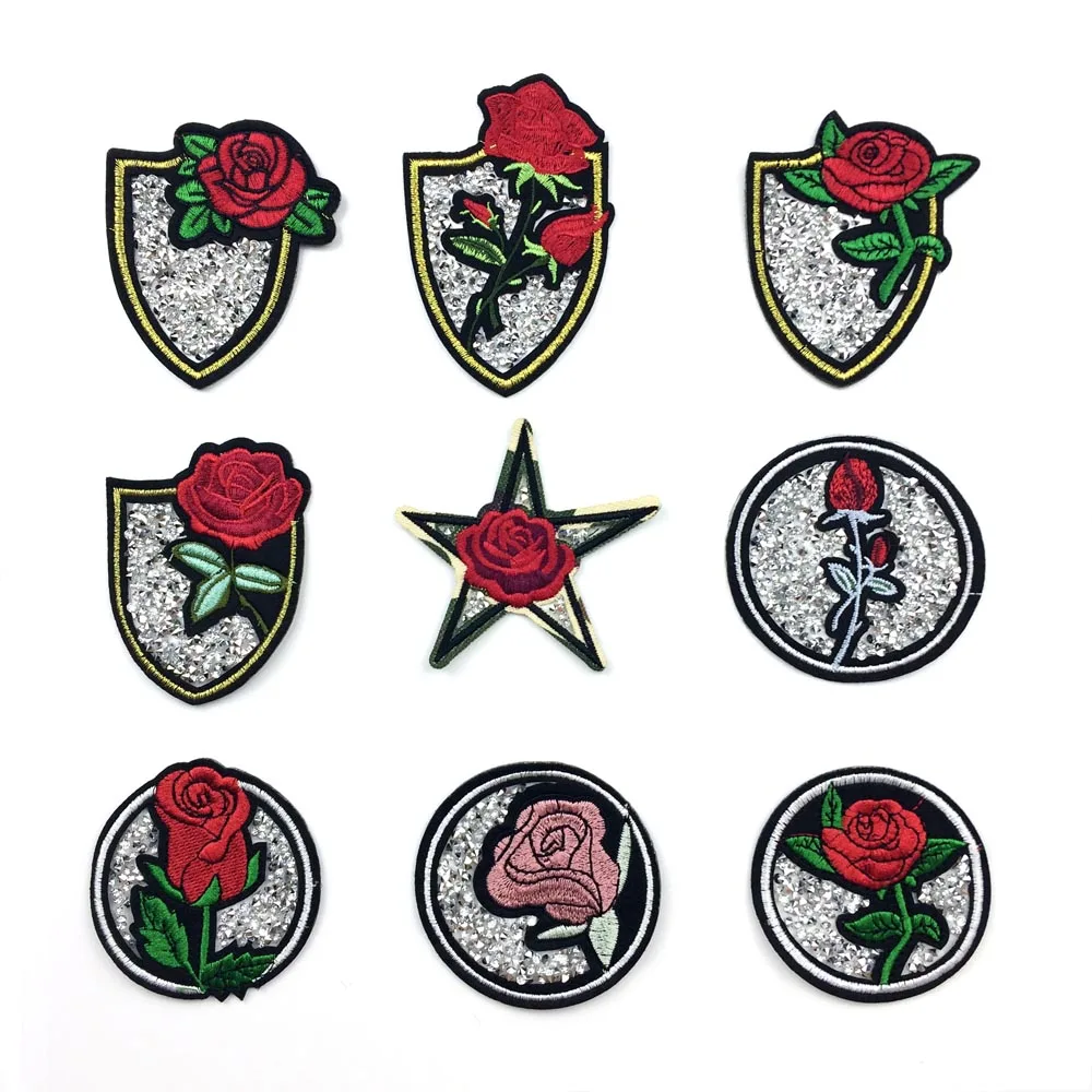 

Embroidery Flower Rose Patches With Rhinestone Iron On Patch For Clothes Iron On Applique For Garment Badge DIY Sewing Supplier