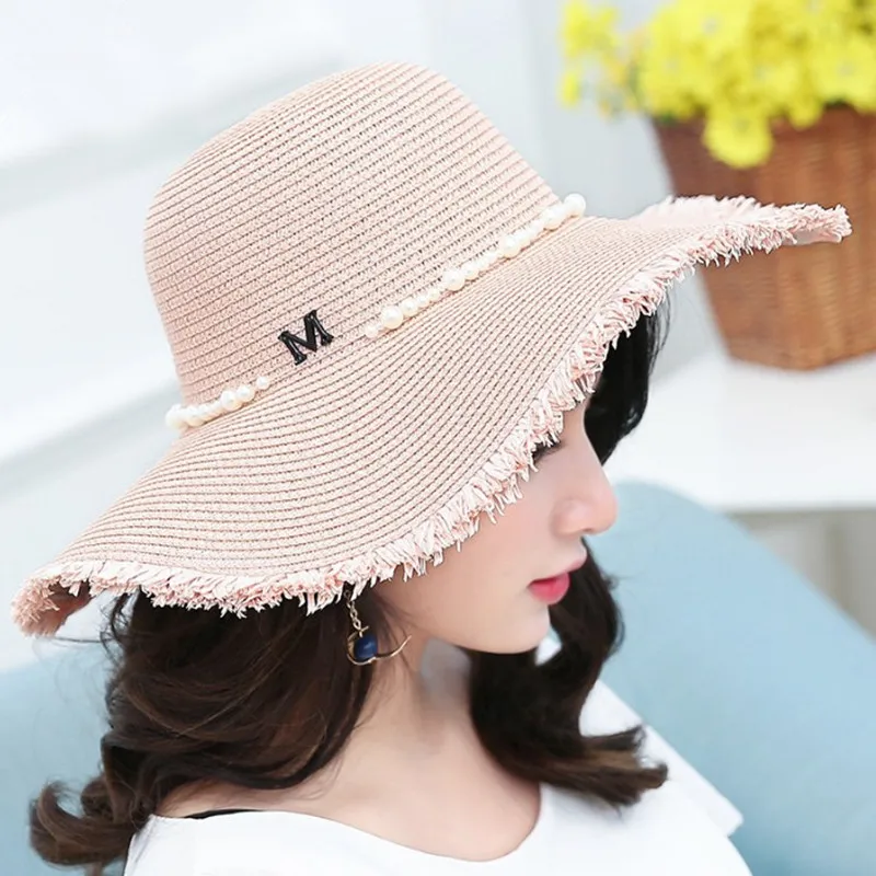 Summer Hat Women's Beach Hat Pearl Decor Flanging Big Shading Hat Straw
