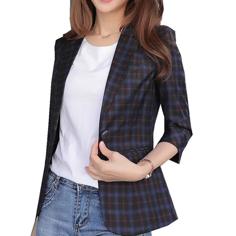 

Fmasuth Summer Plaid Blazer Casual Women 3/4 Sleeve Single Button Slim Waist Mujer Femme Elegant Office Bleizer HX-1807