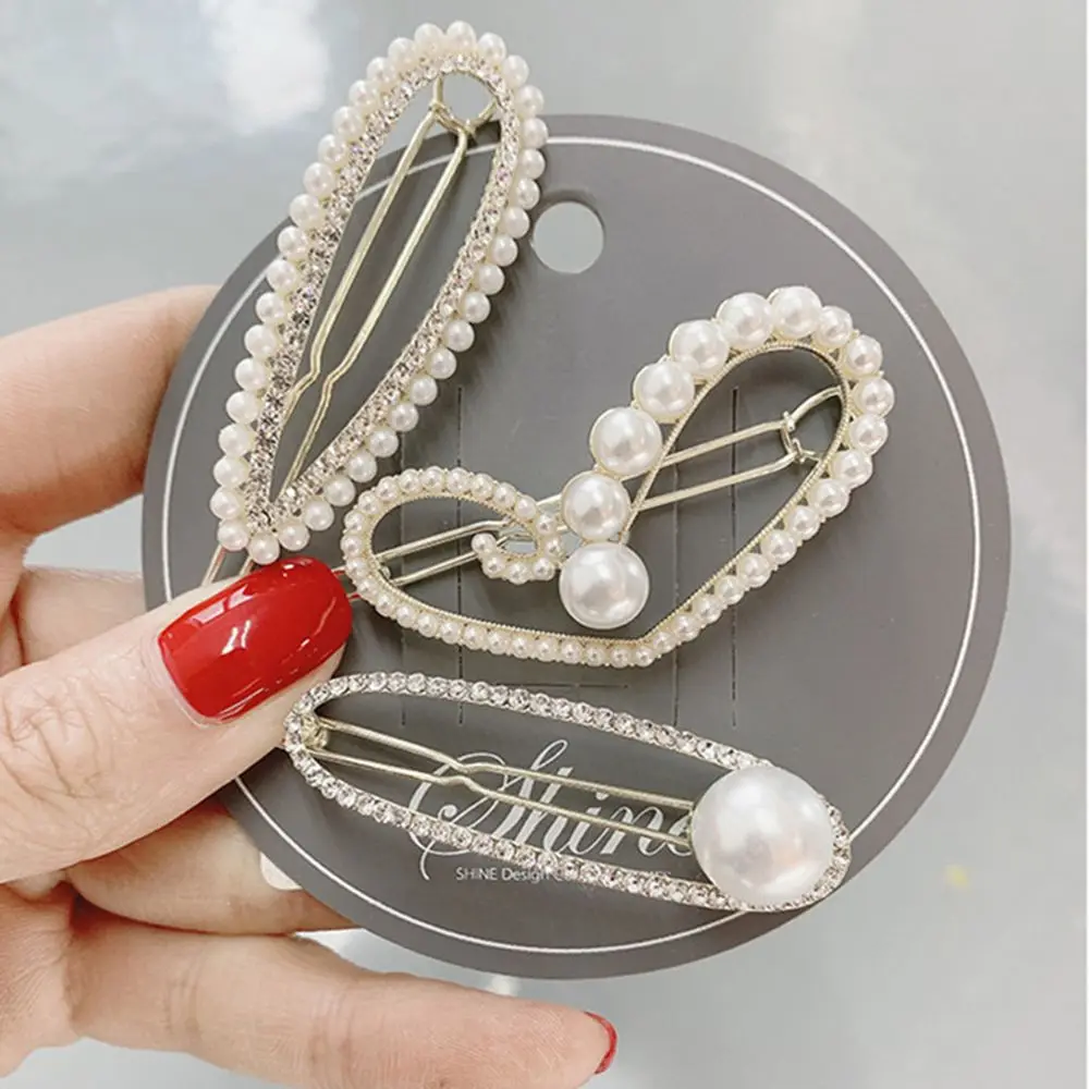 Hot Fashion Women Imitation Pearl Cystal Hair Clip Korean Hairpin Geometric Heart Waterdrop Hair Styling Accessories