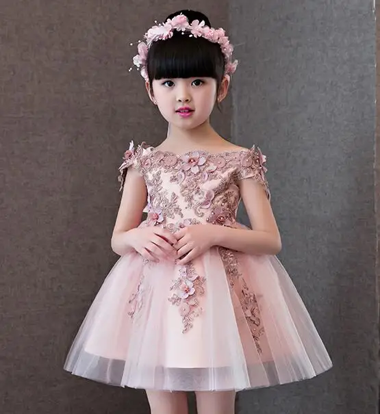 Новые Вечерние Пышное Платье для принцессы высокого качества с цветочным рисунком для девочек, платья для причастия из органзы с открытыми плечами для маленьких девочек - Цвет: Розовый