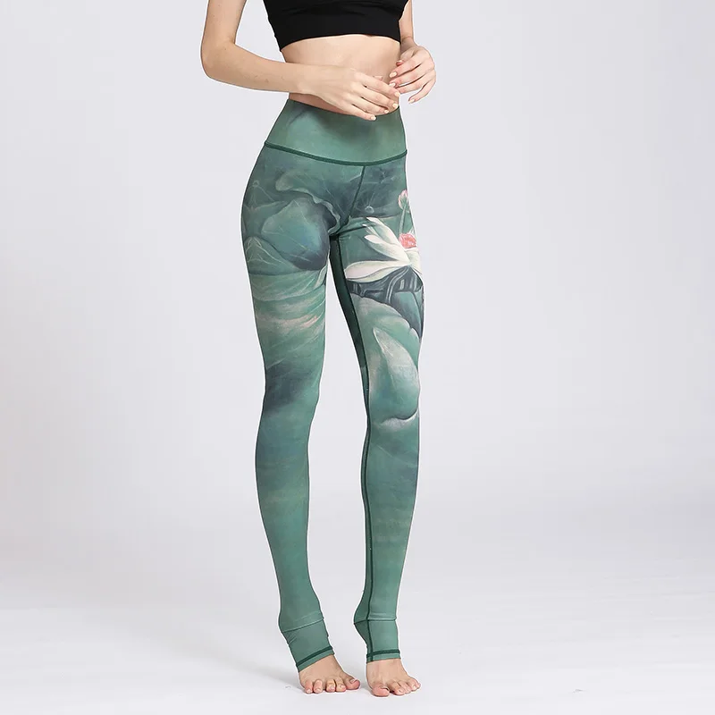 Green Lotus Женские штаны для занятий фитнесом и йогой, обтягивающие спортивные Леггинсы с высокой талией, эластичные длинные колготки с романтическим принтом для бега, контроль живота - Цвет: Green Lotus