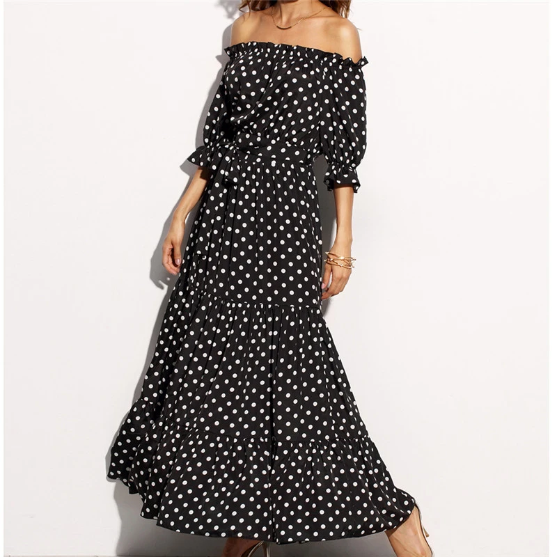

Off Shoulder Bohemian Long Dress Women Polka Dot Strapless Backless Boho Beach Dress Sundress Summer 2019 Casual Maxi Dresses