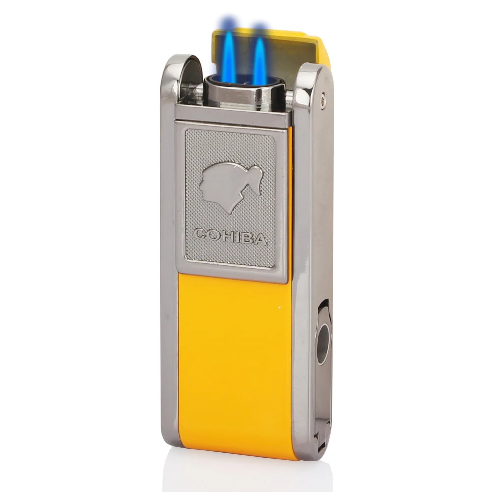 

COHIBA Metal Cigar Lighter 2 Jet Flame Butane Gas Cigarette Lighter Pocket Cigar Accessories with Cigar Punch