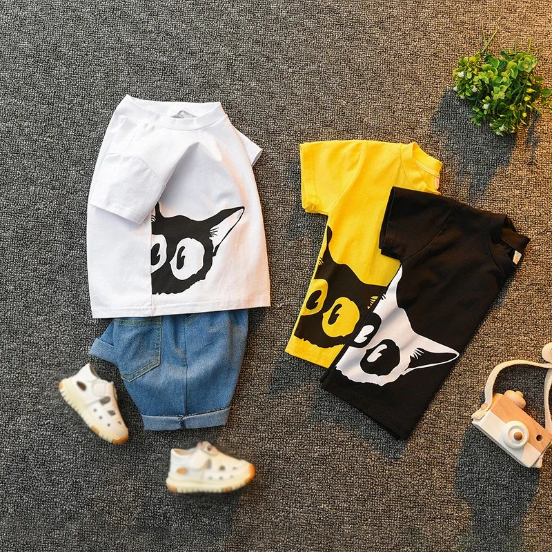 

2019 New Summer Baby Boys Short Sleeve Casual Outfits Sets Cartoon Animal Print T-shirt+Ddenim Shorts 6M-4T Baby Boy Clothes