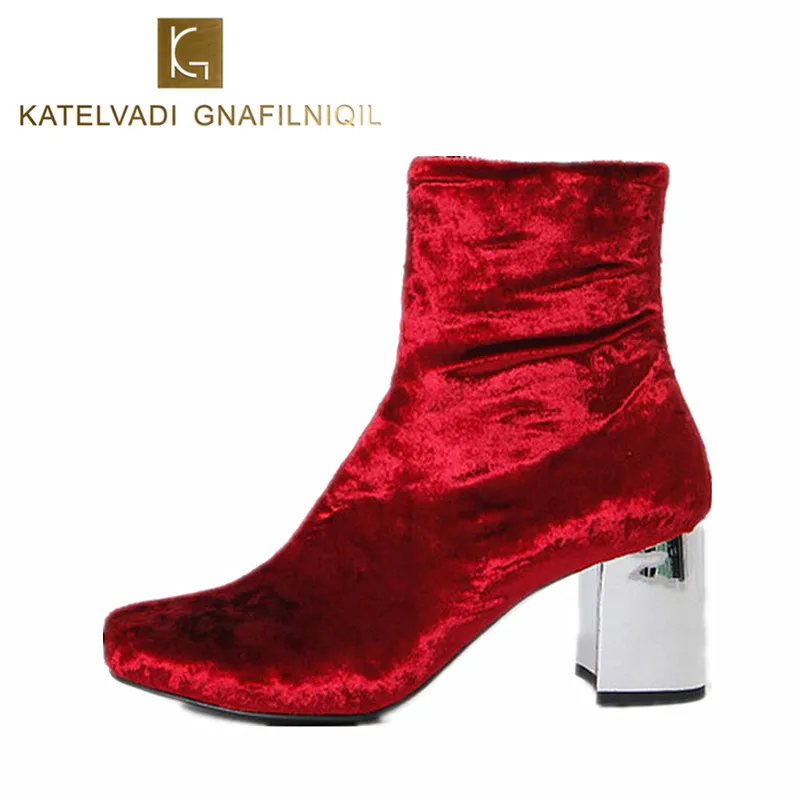 K Chaussons blue Velours Bottines yellow Cm Hauts gray Fourrure 054 D'hiver Talons Femmes Bottes Rond 6 Rouge Rétro Designer Pink green red Pour Avec Bout TwxaCfdn