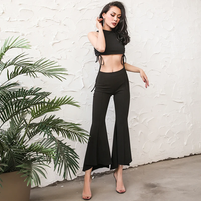 

2017 Summer Essential Irregular Cutting Flare Pants Women High Rise Ankle-Length Pants Elastic Fabric Cool