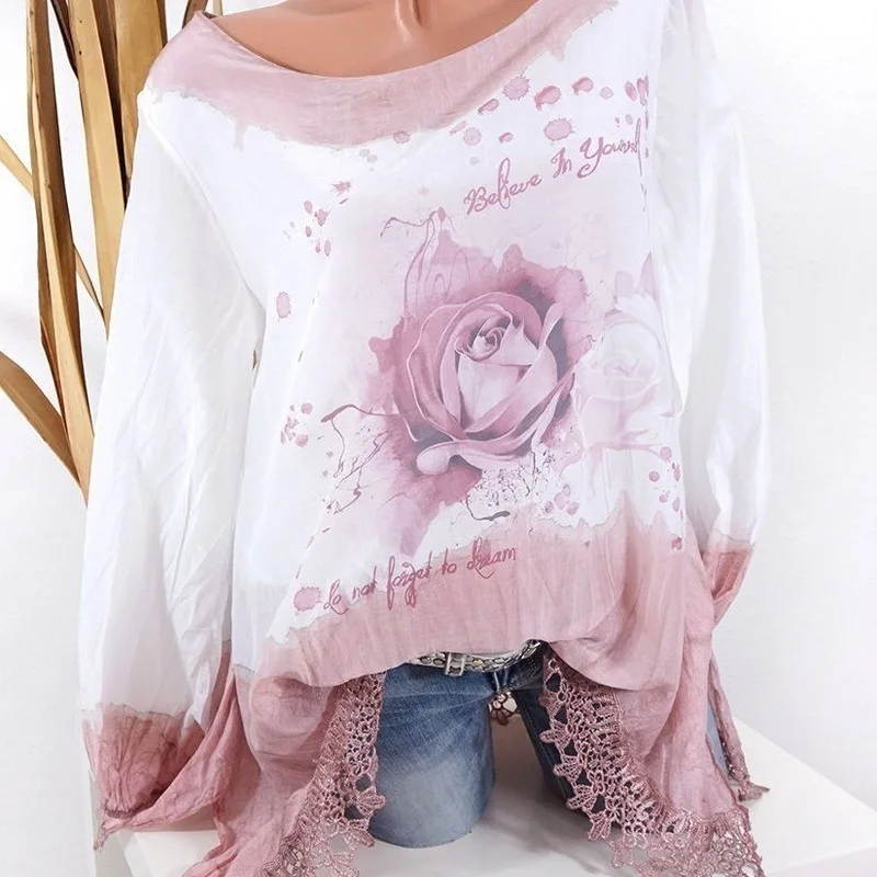  2019 autumn new large size Women's Blouse casual round neck long-sleeved shirt printing loose hollo