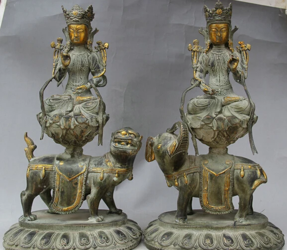 

JP S0524 18"Old Tibet Bronze Gild Wenshu Manjushri Goddess Ride Elephant Lion Statue Pair