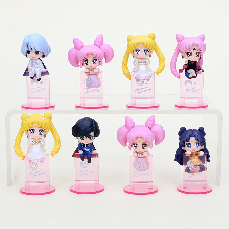 

8pcs/set Sailor Moon Chibiusa Chiba Mamoru Princess Serenity Black Lady mini Moon Tea Cup Decoration PVC Action Figure Toys 5cm