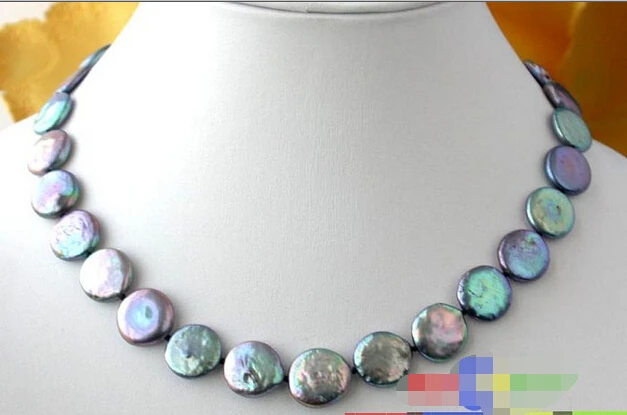 

Free shipping >>>>>>p1185 17" 14MM PEACOCK BLACK COIN FRESHWATER CULTURED PEARL NECKLACE