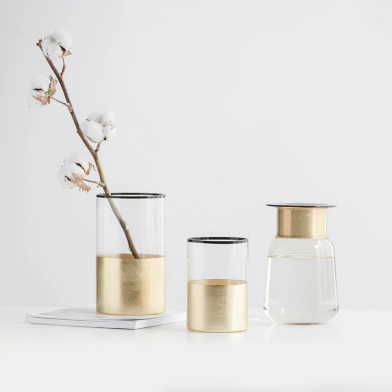 Gold metal glass vase classic home decorative flower vases black edges