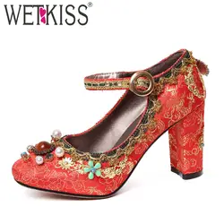 WETKISS/туфли-лодочки mary jane, женская обувь с жемчугом и круглым носком, женские свадебные туфли на высоком каблуке с кристаллами, Женская
