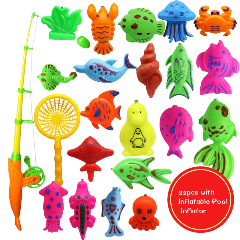 

22 Pcs Colorful Outdoor Fun Happy Fish Game With 1pc Inflatable Pool And 1pc Inflator Children Magnetic Fishing Summer Toys