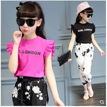 

Kids Girls summer 2020 new Sleeveless suit pant big virgin piece children's sports suit T-shirt+Chiffon lantern shorts 3-12 yrs