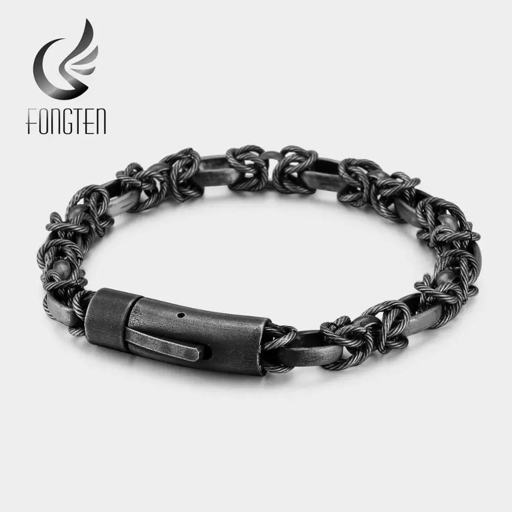 

Fongten Retro Charm Bracelet Men Black Stainless Steel Viking Metal Punk Friendship Wave chakra Vintage Bracelets Men Jewelry