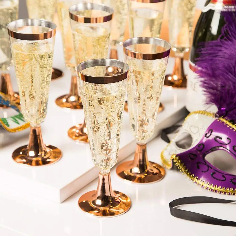 

6pcs Disposable Plastic Red Wine Glass Hot Stamping Champagne Flute Cocktail Glass Party Rose Gold Dessert Western Cuisine Cup