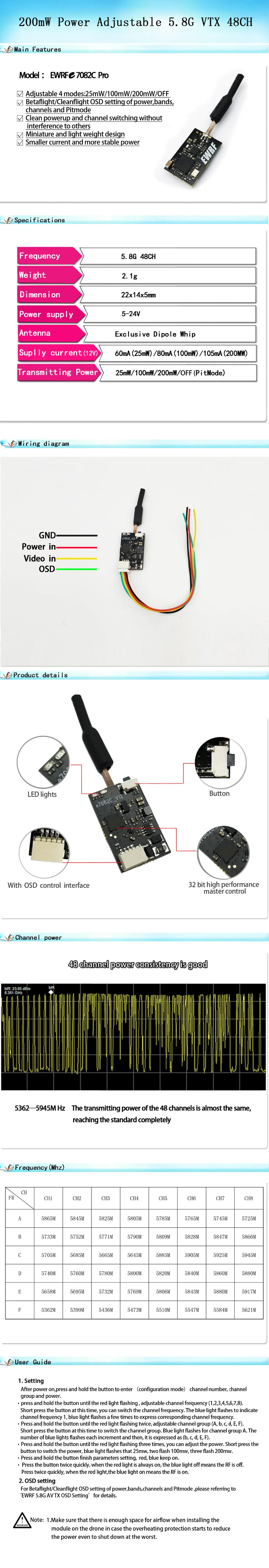 5,8G 48CH видео передатчик e7082C 25/100/200 мВт Мощность регулируемое торможение с Caddx Turbo EOS2 CMOS 1200TVL 2,1 мм Мини FPV Камера