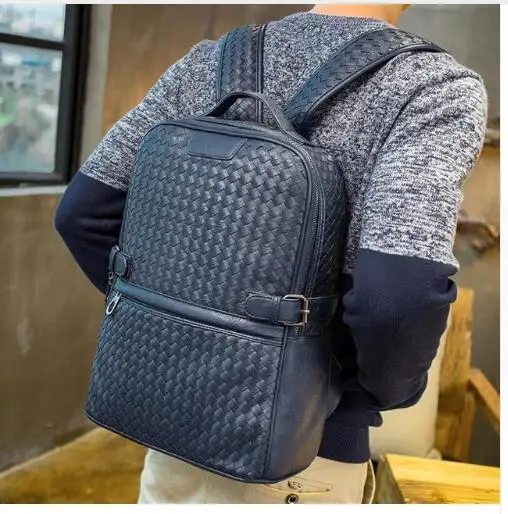 

Braided Brand New Men PU Leather Backpack Business England Euro Shoulder Bag Knitting Casual College Travel Trend Luxury Daypack