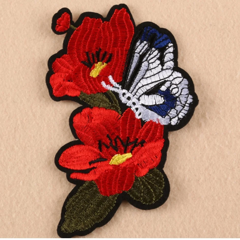 wholesale lot Embroidered red flower with butterfly Iron on patch DIY