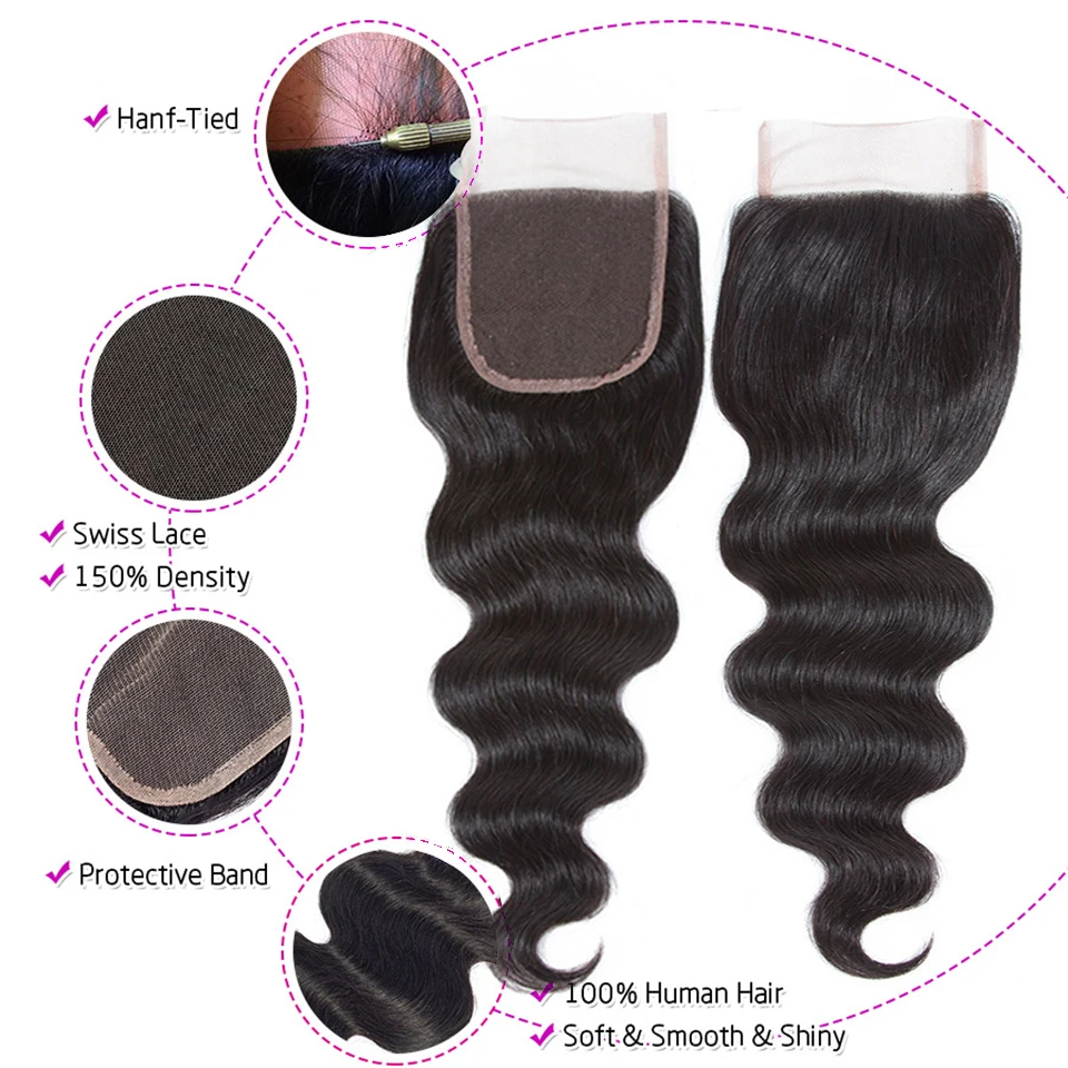 Aliballad Hair Brazilian Body Wave Bundles With Closure 4x4 Inch Remy Human Hair Bundles With Closure 3 Bundles And Closure