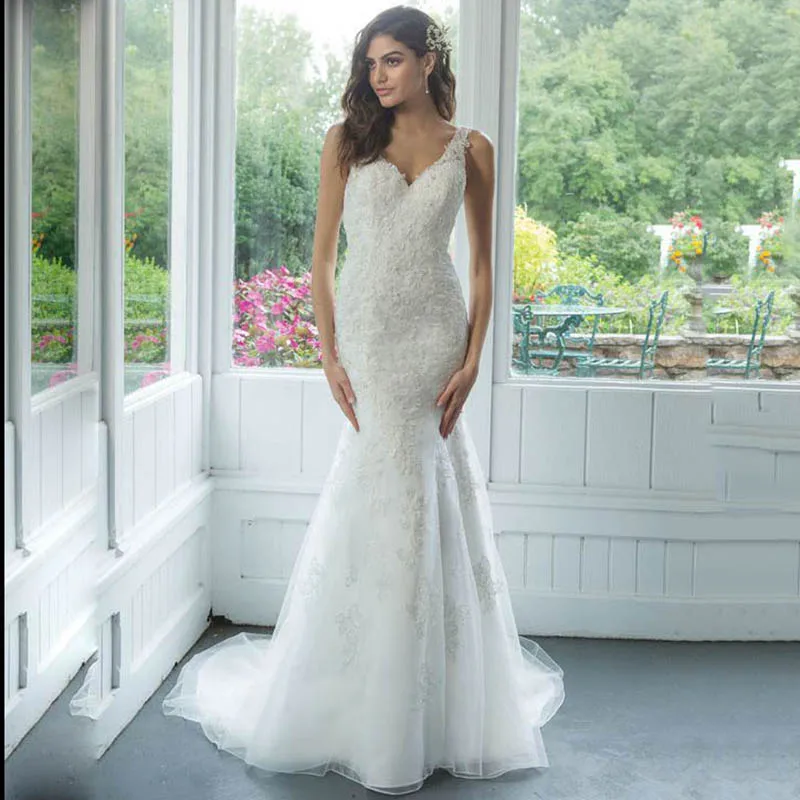 

Smileven Mermaid Wedding Dress Robe De Mariee Lace Appliques V Neck Bride Dress Beaded Elegant Vintage Backless Bridal Gown
