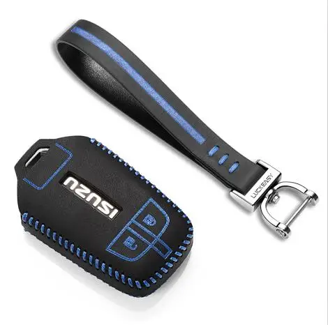 Чехол для ключей автомобиля на цепочке для isuzu truck MU-X D-MAX, автомобильный чехол для ключей, держатель для кошелька, пульт дистанционного управления из натуральной кожи - Название цвета: Blue