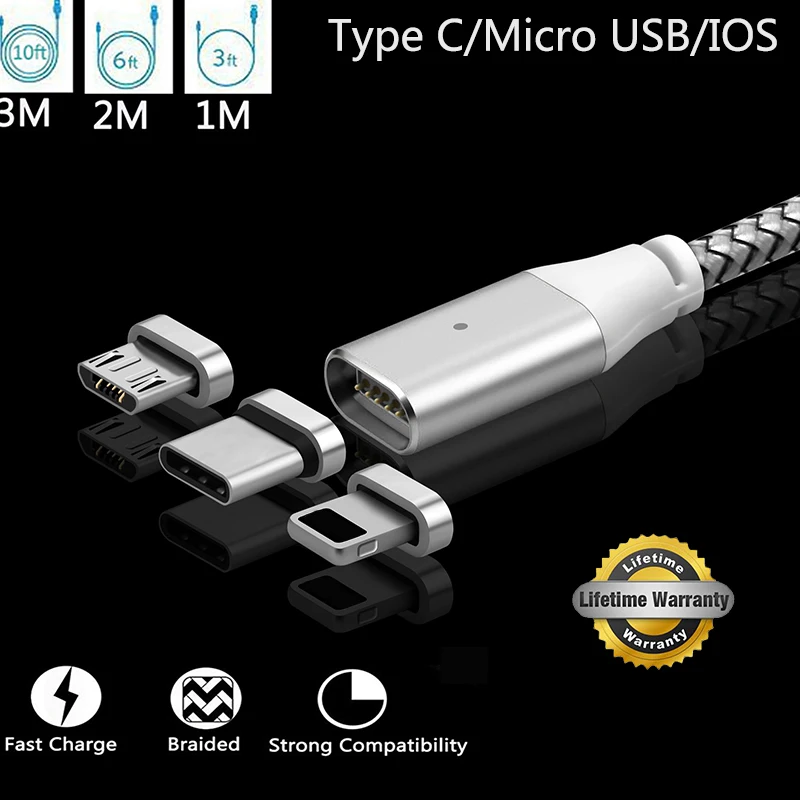 1/2/3 м Тип usb C/Micro USB/IOS Магнитный кабель USB-C Тип-C быстрая Зарядное устройство адаптер Магнит кабель для samsung Apple iPhone iPad