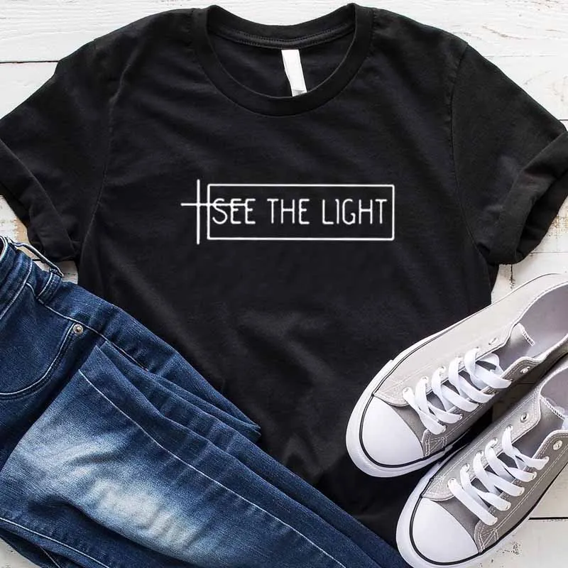 

See The Light Tshirt Women Christian Cross T-shirt Jesus Crewneck Shirts Shine Faith Tees Aesthetic Cotton Tops Summer Drop Ship