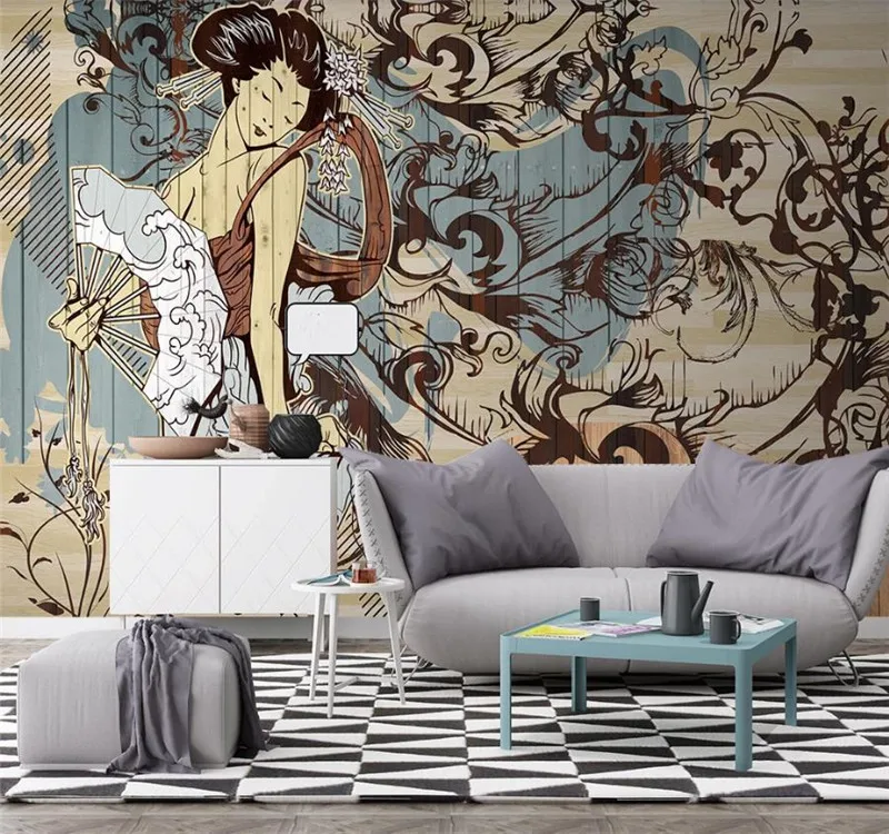 Custom 3D Wallpaper Japanese ukiyo-e painted wood grain modern minimalist TV background wall painting - silk waterproof material Custom 3D Wallpaper Japanese ukiyo-e painted wood grain modern minimalist TV background wall painting - silk waterproof material