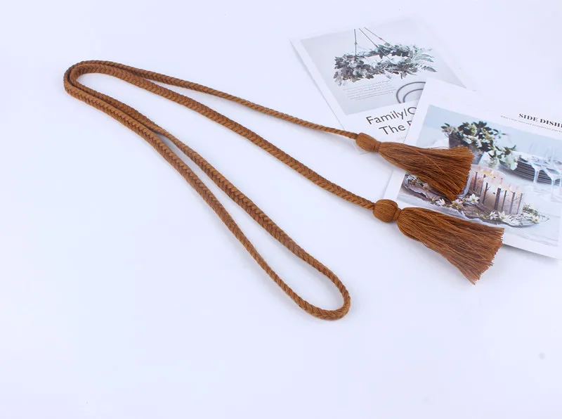Модные женские кисточкой плетеный пояс cкручивание плетение волос Twist weaving вязаный пояс украшенный веревкой для платьев рубашка коричневый черный хлопок