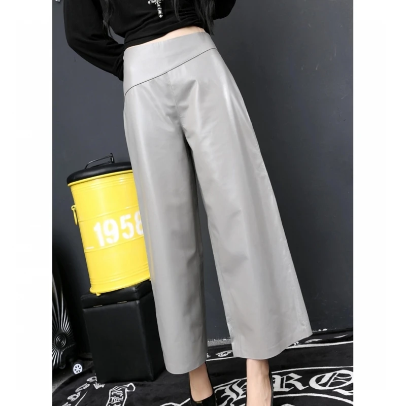 

Gray Black Red Women Real Leather Trousers Plus Size 4XL Sheepskin Genuine Leather Loose Wide Leg Pants Office Lady Streetwear