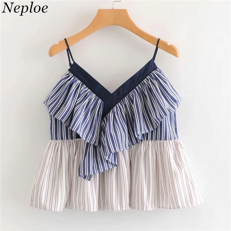 

Neploe 2019 Summer New Striped Tank Tops Sleeveless V-neck Short Women Tops Patchwork Ruffles Fashion Crop Tops Camis 68236