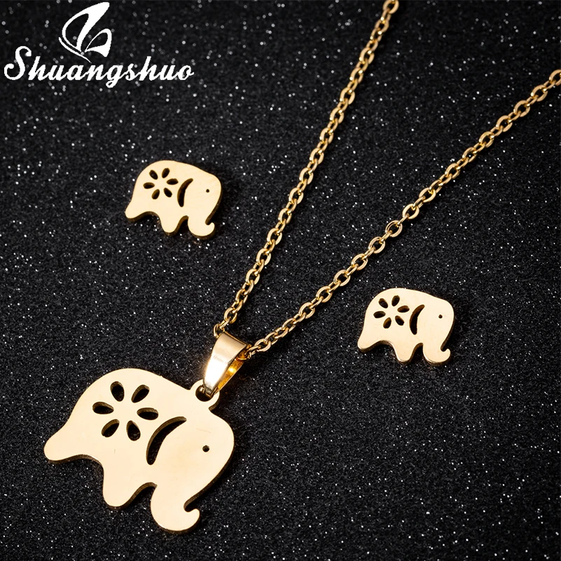 Shuangshuo Gold Elephant Necklace Stud Earrings For Women Stainless Steel Jewelry Sets Long Necklace Earrings Bridal Jewelry Set