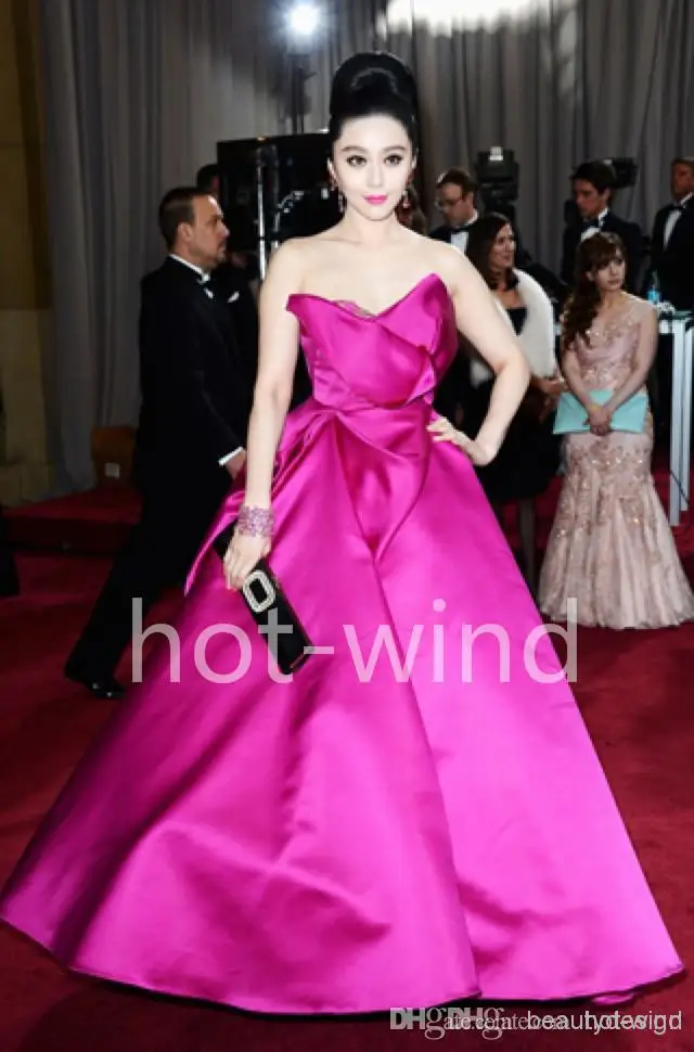 Gorgeous fuchsia A line satin Fan Bingbing celebrity red carpet dresses strapless backless sweep train formal evening prom gowns BO4224