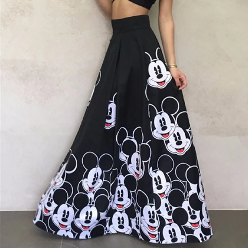 

2017 Fashion Maxi Long Skirt Floor Length Ladies Elastic High Waist Muslim Skirts Women Mickey Printed Boho Vintage Midi Skirt